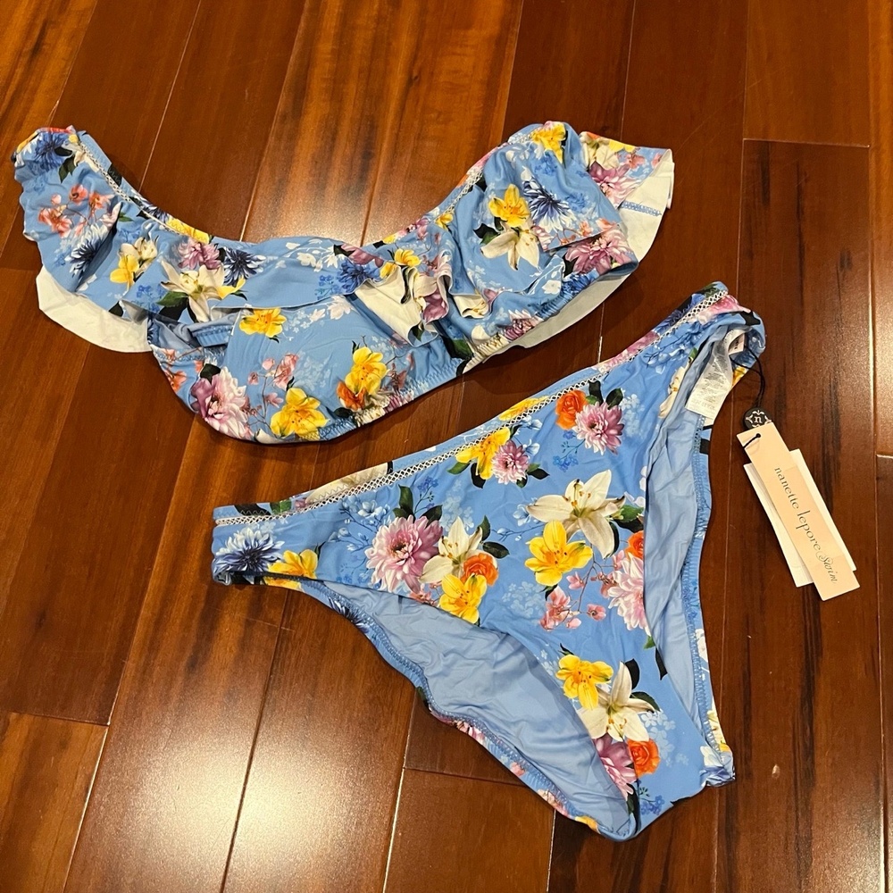 New NWT Nanette Lepore Blue Bikini Set Two Piece‎ Floral One Shoulder Swim Sz L